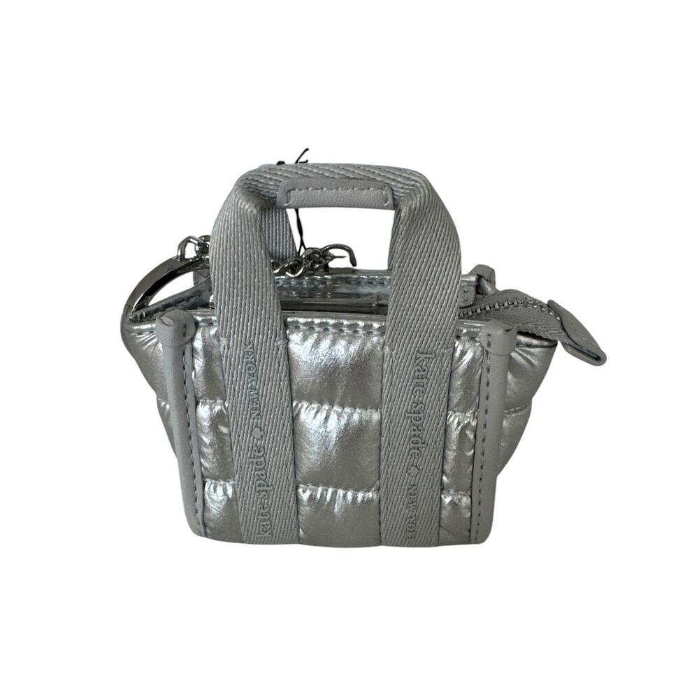 Kate Spade Micro Bag Charm Silver Metallic Quilted Mini Tote Keychain Kip Puffy